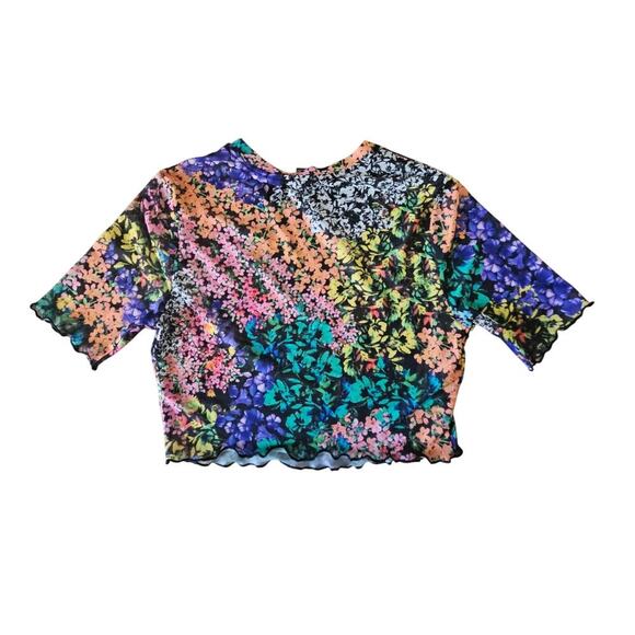 AFRM Mesh Sheer Crop Top in Floral Black Noir Print Sz Small Stretch Lettuce Hem - Picture 2 of 7